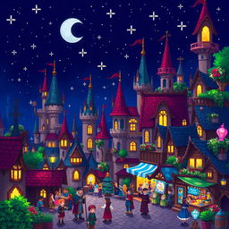 A vibrant pixel art scene depicting a fantasy city at night, featuring whimsical architecture with towering spires and glowing windows, surrounded by twinkling stars in a deep blue sky