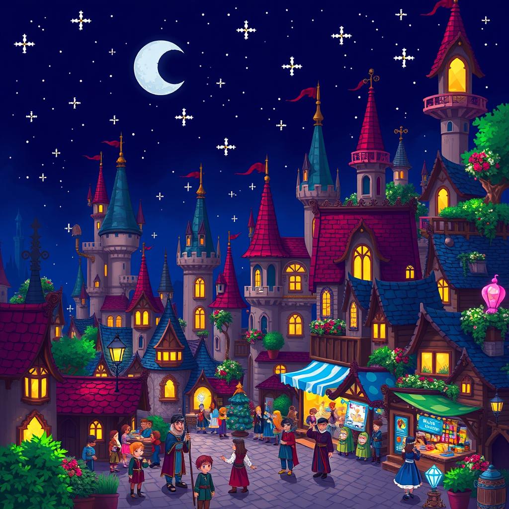 A vibrant pixel art scene depicting a fantasy city at night, featuring whimsical architecture with towering spires and glowing windows, surrounded by twinkling stars in a deep blue sky
