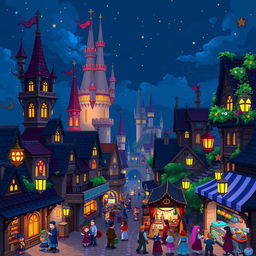 A vibrant pixel art scene depicting a fantasy city at night, featuring whimsical architecture with towering spires and glowing windows, surrounded by twinkling stars in a deep blue sky
