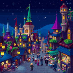 A vibrant pixel art scene depicting a fantasy city at night, featuring whimsical architecture with towering spires and glowing windows, surrounded by twinkling stars in a deep blue sky