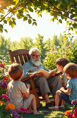 A tranquil scene depicting a wise grandfather sitting in a rocking chair, surrounded by nature