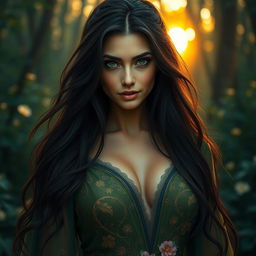 A striking portrait of a mysterious woman named Rozana, with long, flowing dark hair cascading over her shoulders