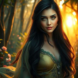 A striking portrait of a mysterious woman named Rozana, with long, flowing dark hair cascading over her shoulders