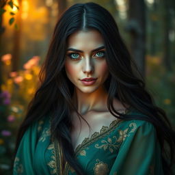 A striking portrait of a mysterious woman named Rozana, with long, flowing dark hair cascading over her shoulders