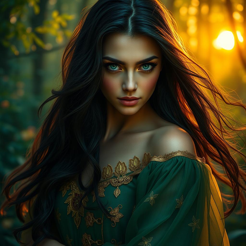 A striking portrait of a mysterious woman named Rozana, with long, flowing dark hair cascading over her shoulders