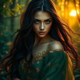 A striking portrait of a mysterious woman named Rozana, with long, flowing dark hair cascading over her shoulders