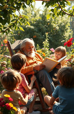A tranquil scene depicting a wise grandfather sitting in a rocking chair, surrounded by nature