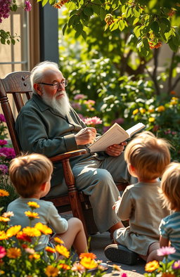 A tranquil scene depicting a wise grandfather sitting in a rocking chair, surrounded by nature