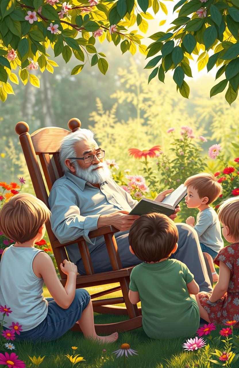 A tranquil scene depicting a wise grandfather sitting in a rocking chair, surrounded by nature