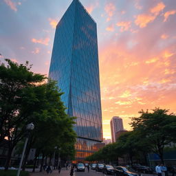 A tall skyscraper with a modern and innovative design, featuring a sleek glass facade that reflects the sunlight, surrounded by lush greenery and urban elements