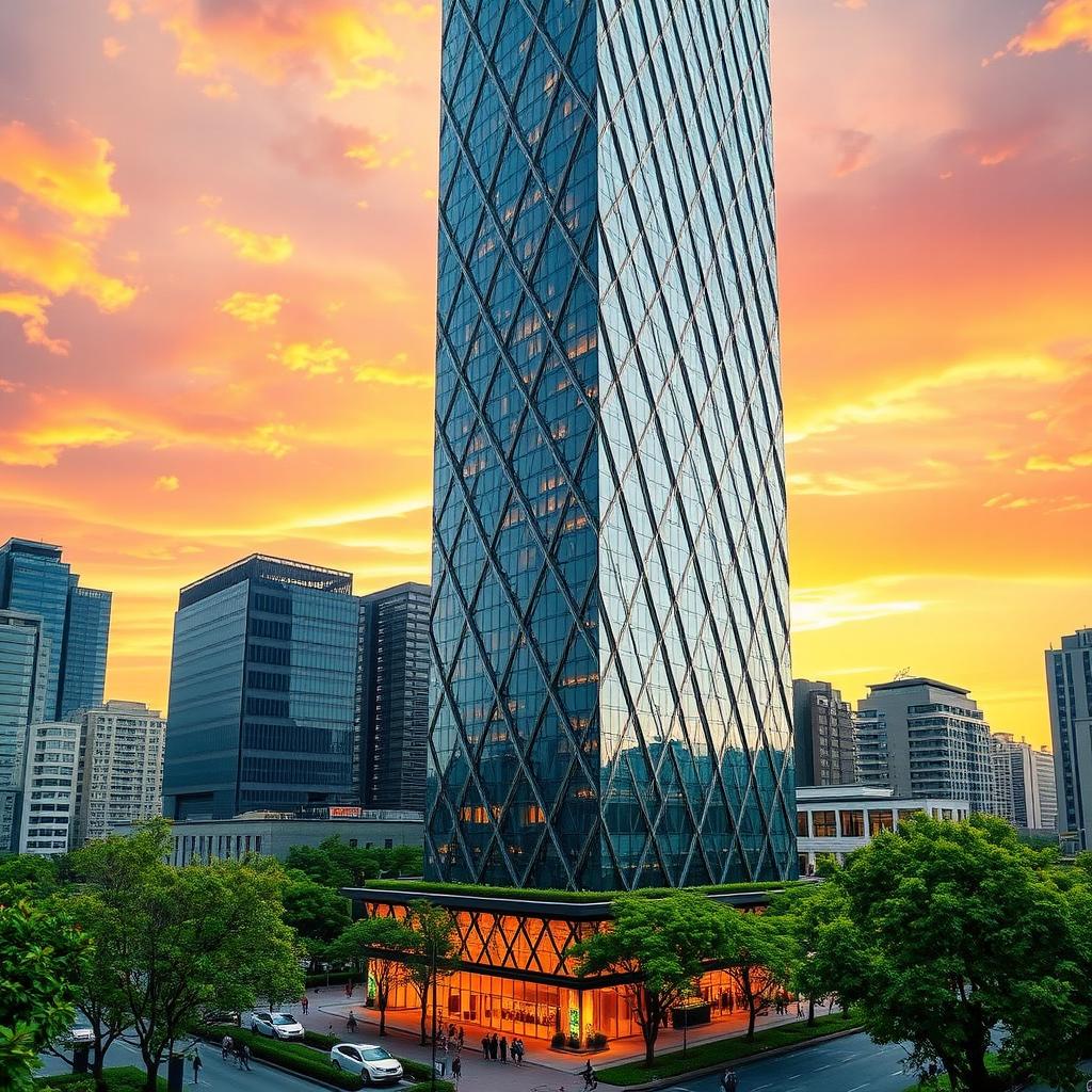 A tall skyscraper with a modern and innovative design, featuring a sleek glass facade that reflects the sunlight, surrounded by lush greenery and urban elements