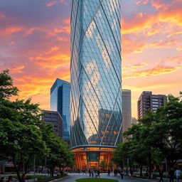 A tall skyscraper with a modern and innovative design, featuring a sleek glass facade that reflects the sunlight, surrounded by lush greenery and urban elements