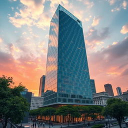 A tall skyscraper with a modern and innovative design, featuring a sleek glass facade that reflects the sunlight, surrounded by lush greenery and urban elements