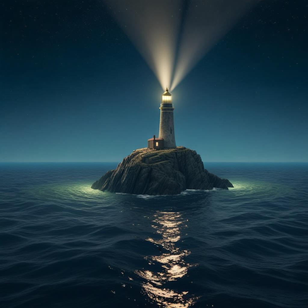can lighthouse be 50% smaller, more realistic and little wives hit the rock? and no people and in the night. the rock should be tiny and surounded by the very big sea. add little waves hit rock to this prompt