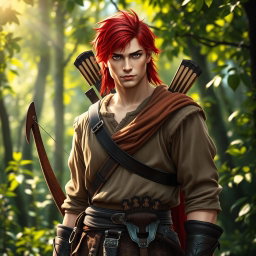 An adventurous and handsome male hunter with striking red hair, carrying a bow and two swords at his belt