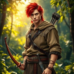 An adventurous and handsome male hunter with striking red hair, carrying a bow and two swords at his belt