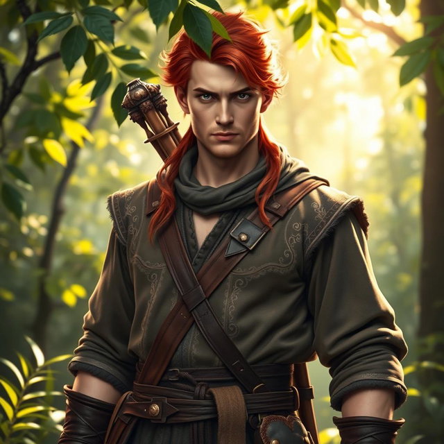 An adventurous and handsome male hunter with striking red hair, carrying a bow and two swords at his belt