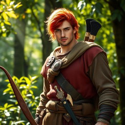 An adventurous and handsome male hunter with striking red hair, carrying a bow and two swords at his belt