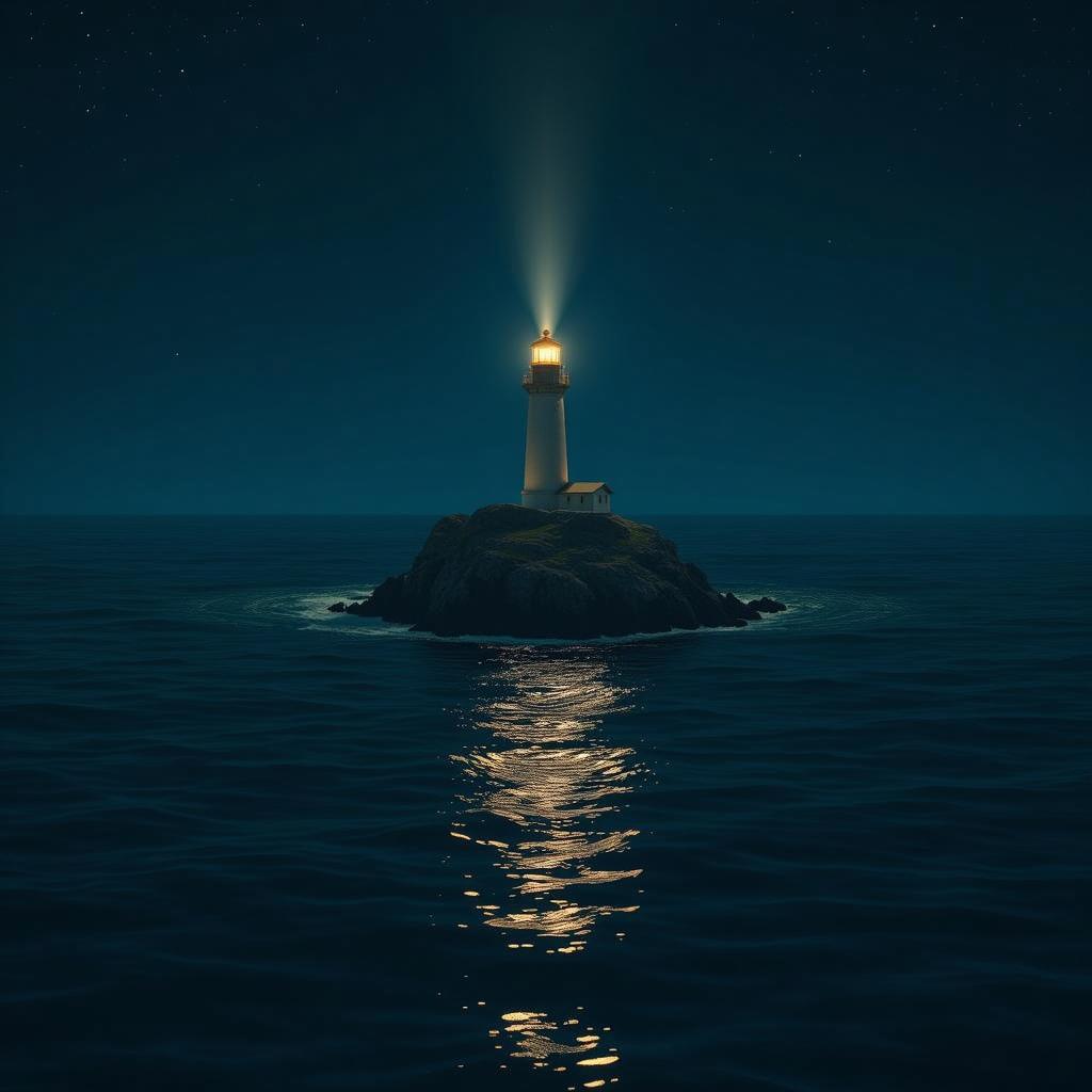 A realistic night scene of a lighthouse that is 50% smaller than usual, situated on a tiny rock surrounded by an expansive sea
