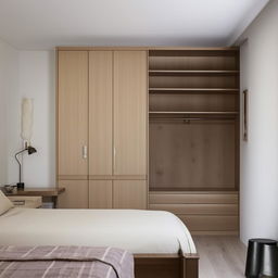 A cozy and inviting bedroom filled with stylish and modern furniture. Includes a comfortable bed, elegant bedside tables, a desk and chair with minimalist design, and a spacious wooden wardrobe.