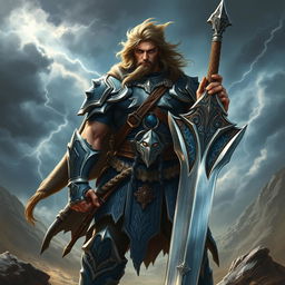 A powerful depiction of a majestic warrior named Barhos, standing tall in a dramatic landscape