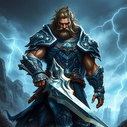 A powerful depiction of a majestic warrior named Barhos, standing tall in a dramatic landscape