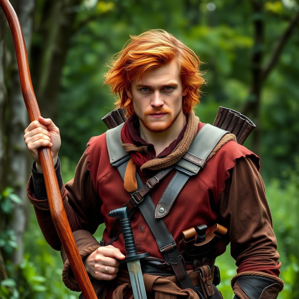 An adventurous and handsome red-haired man, dressed in ancient medieval clothing, is holding a bow with two swords sheathed at his belt