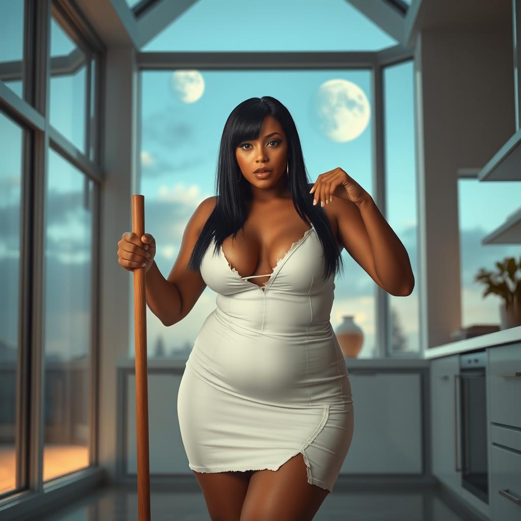 A realistic full-body image of a mature woman, approximately 50 years old, with straight black hair and light brown mulatto features