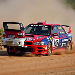 A Subaru GC8 rally car adorned with all the iconic WRC rally stickers, showcasing a striking Subaru red 94h colorway