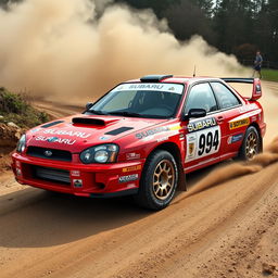 A Subaru GC8 rally car adorned with all the iconic WRC rally stickers, showcasing a striking Subaru red 94h colorway