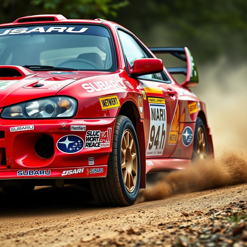 A Subaru GC8 rally car adorned with all the iconic WRC rally stickers, showcasing a striking Subaru red 94h colorway