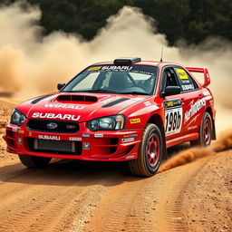 A Subaru GC8 rally car adorned with all the iconic WRC rally stickers, showcasing a striking Subaru red 94h colorway