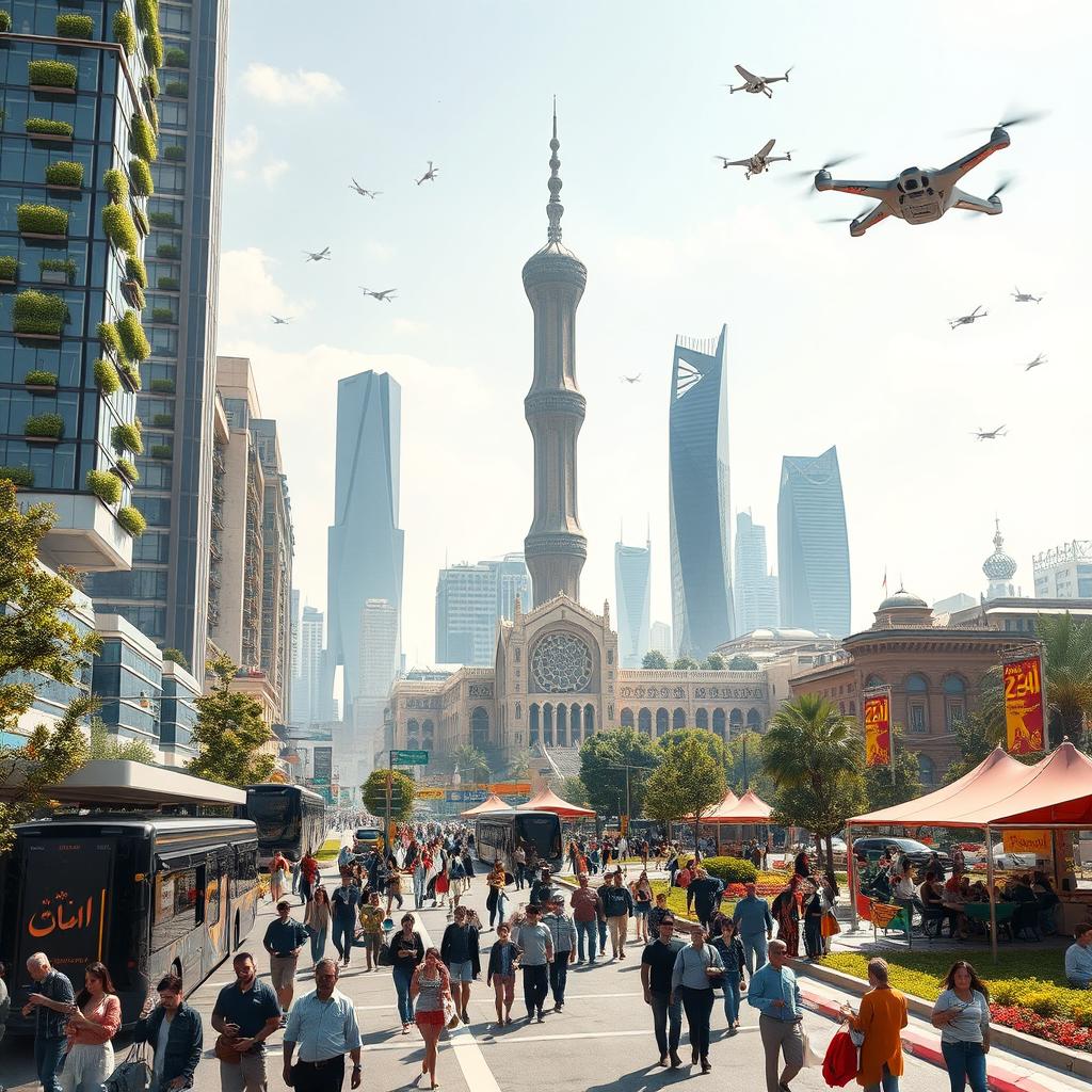 A futuristic view of Tehran, Iran, in 50 years' time, showcasing a blend of advanced technology and traditional architecture