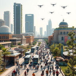 A futuristic view of Tehran, Iran, in 50 years' time, showcasing a blend of advanced technology and traditional architecture