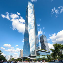 A stunning modern skyscraper with a unique and cool design, featuring sleek glass facades, futuristic architectural elements, surrounded by a bustling urban landscape with trees and people