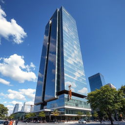A stunning modern skyscraper with a unique and cool design, featuring sleek glass facades, futuristic architectural elements, surrounded by a bustling urban landscape with trees and people