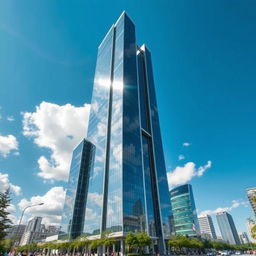 A stunning modern skyscraper with a unique and cool design, featuring sleek glass facades, futuristic architectural elements, surrounded by a bustling urban landscape with trees and people