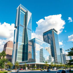 A stunning modern skyscraper with a unique and cool design, featuring sleek glass facades, futuristic architectural elements, surrounded by a bustling urban landscape with trees and people