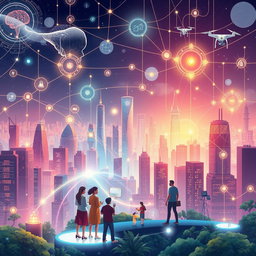 An illustration themed around 'Mind Law', depicting a futuristic city skyline interconnected with neural networks and glowing pathways representing thoughts and ideas