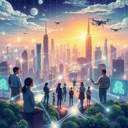 An illustration themed around 'Mind Law', depicting a futuristic city skyline interconnected with neural networks and glowing pathways representing thoughts and ideas