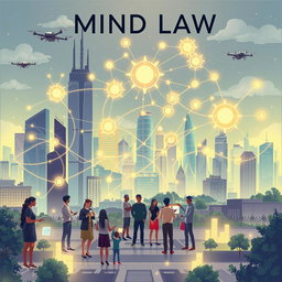 An illustration themed around 'Mind Law', depicting a futuristic city skyline interconnected with neural networks and glowing pathways representing thoughts and ideas