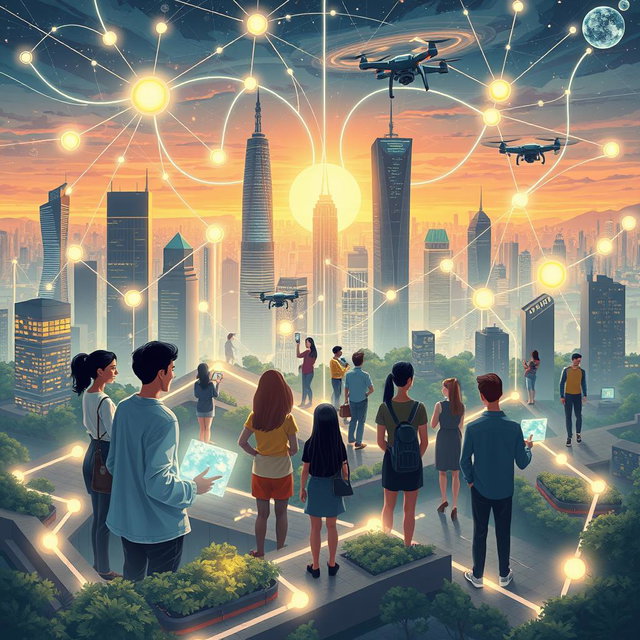 An illustration themed around 'Mind Law', depicting a futuristic city skyline interconnected with neural networks and glowing pathways representing thoughts and ideas