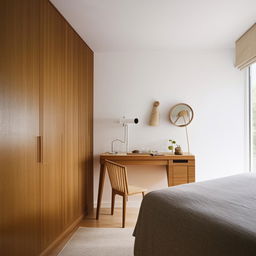 A cozy and inviting bedroom filled with stylish and modern furniture. Includes a comfortable bed, elegant bedside tables, a desk and chair with minimalist design, and a spacious wooden wardrobe.