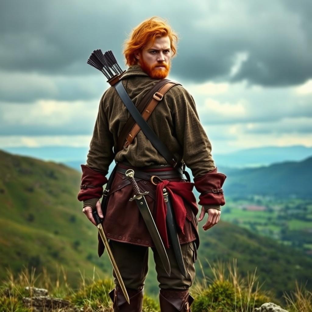 A full-body image of an adventurous and handsome red-haired man resembling Jamie Fraser from the series Outlander