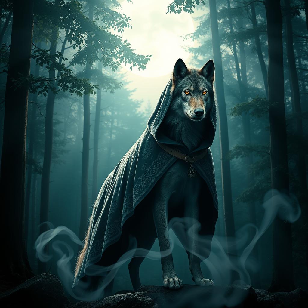 A mystical cloaked wolf standing in a moonlit forest