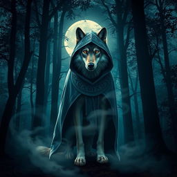 A mystical cloaked wolf standing in a moonlit forest