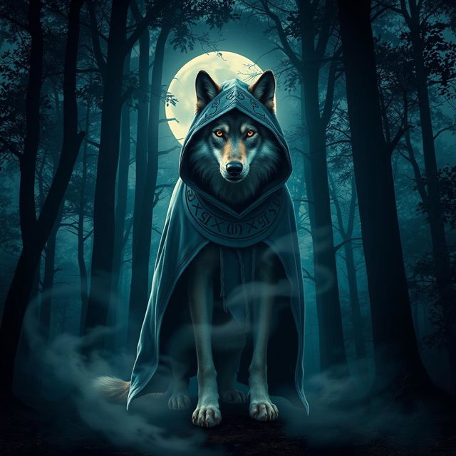 A mystical cloaked wolf standing in a moonlit forest
