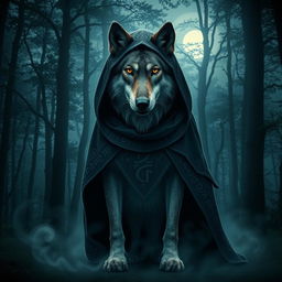 A mystical cloaked wolf standing in a moonlit forest