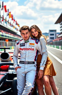 A high-octane Formula 1 scene featuring George Russell, the skilled British racing driver, and Hailee Steinfeld, the talented actress and singer