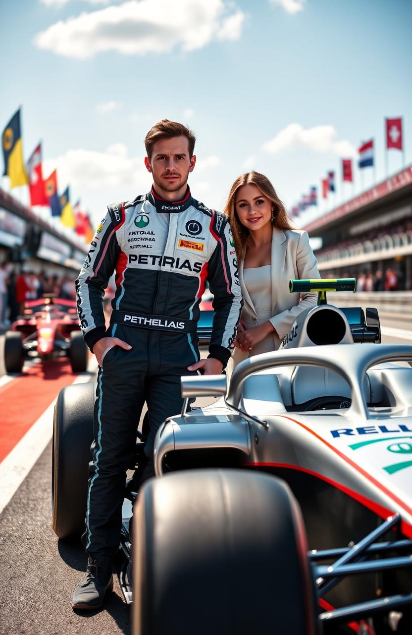 A high-octane Formula 1 scene featuring George Russell, the skilled British racing driver, and Hailee Steinfeld, the talented actress and singer